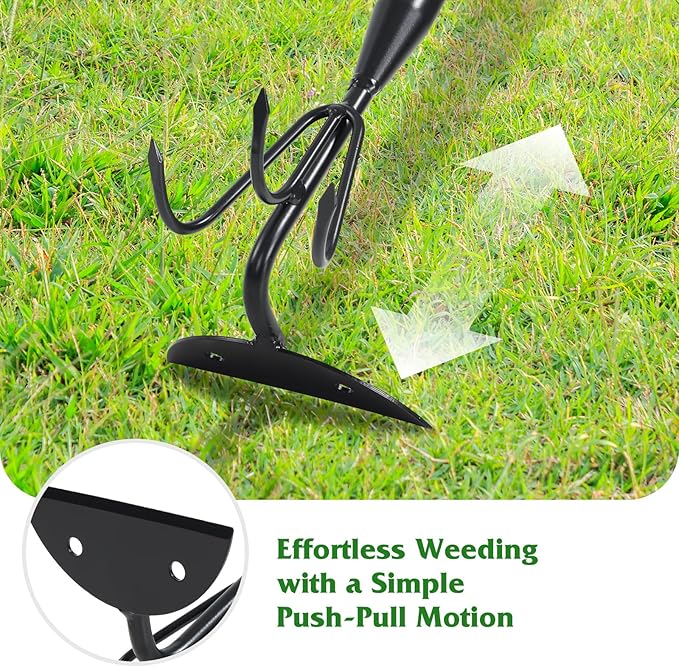 COCONUT 2-in-1 Garden Hoe, 45" Weeding & Cultivating Tool with Curved Tines & Sharp Blade, Stand-Up Design Saves Your Back, for Loosening Soil in Vegetable Garden & Flower Beds