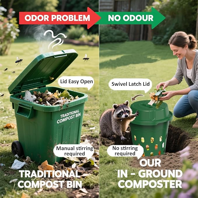 4-Pack InGround Compost Bin for Garden Beds, 8L Worm Composter Farm for Faster Composting, Worm Composter Kit with Aeration, Animal-Proof Lid for Beginners (9.5x9.5x10.8Inch) (4, Green)