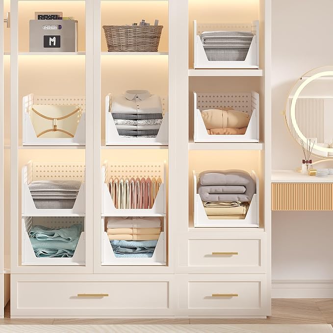 VECELO 4 Pack Plastic Closet Shelf Organizer, Stackable Sweater Storage Closet Drawers, Foldable Wardrobe Organizer, Easy Assembly, Durable and Space Saving for Closet, Bathroom, Kitchen, Gray