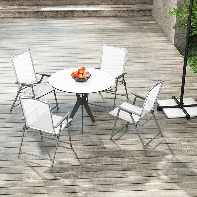Tangkula Set of 4 Patio Folding Chairs, High Back Dining Chairs with Weather-Resistant Fabric, No Assembly, Outdoor Portable Metal Lawn Chairs with Armrests & Footrest for Garden