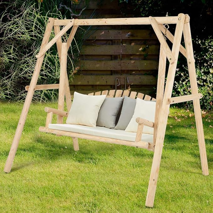 Tangkula A-Frame Wood Log Swing Bench, Outdoor Rustic Curved Back Swing Chair for Patio Garden Yard