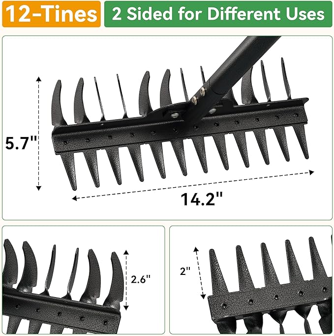 Metal Garden Rake Heavy Duty, 62" Adjustable Handle Bow Rake Dual-Sided Dethatching Thatch Rakes Garden Tool for Rock Leaves Lawns Landscape Yard Gardening Loosening Soil