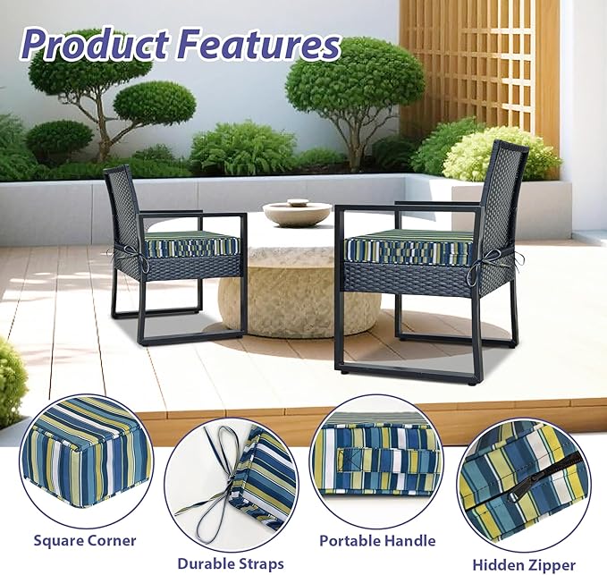 IPYNBAP Outdoor Chair Cushions Set of 4,Waterproof Outdoor Seat Cushions for Patio Furniture,Patio Chair Cushion with Handle and Ties, Out Door Chair Pads,18.5" x 16" x 3", Blue Stripe