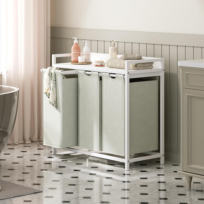 Herture Laundry Hampers with Shelf, Laundry Basket 3 Section, 3 x 15.87 Gal | Laundry Sorter with Pull-Out Removable Large 3 White Bags and Movable Wheels, Metal Frame, White PF04XLW