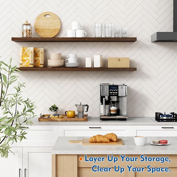 Harwaya 48 inch Floating Shelves Dark Wood, Long Wall Shelves for Bedroom | Walnut Brown, Antique Heavy Duty Hanging Shelves Set of 2, Living Room Kitchen Office Laundry Room Entryway Above Fireplace