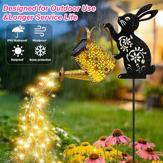 VOOKRY Solar Watering Can Lights Outdoor with Bunny Silhouette Stake, Garden Gifts for Mom, Women & Garden Lovers Waterproof Metal Garden Lantern, Decorative Yard Patio Lawn Pathway Decor(1 Pack)
