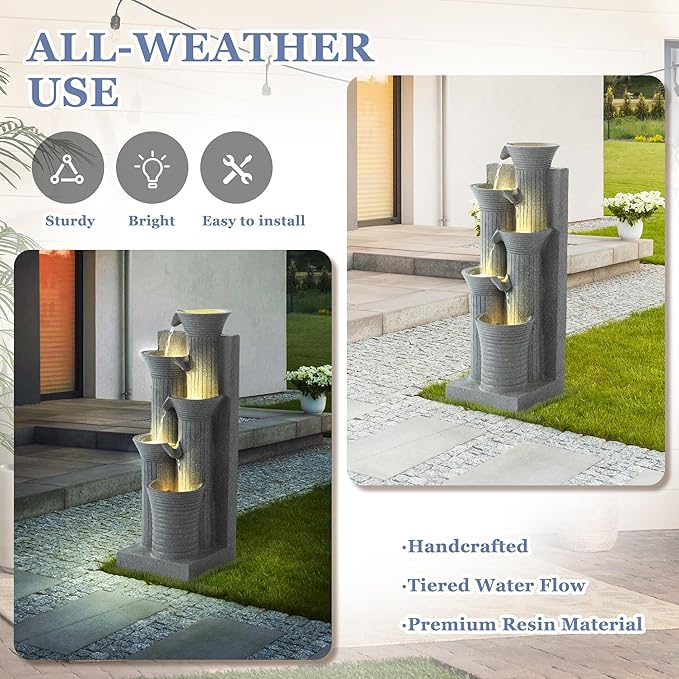 Grepatio Outdoor 5-Tiers Cascading Water Fountain, Garden Waterfalls Fountain with LED Lights, 24" H Modern Indoor Floor Standing Water Fountains with Pump for Patio, Yard, Deck Decor (Light Grey)