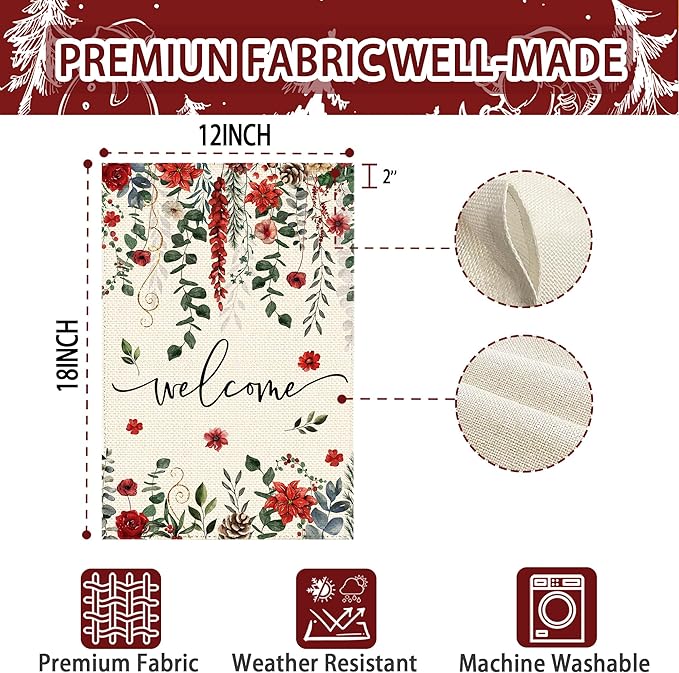 Christmas Red Poinsettia Welcome Garden Flag 12x18 Inch Double Sided, Xmas Berry Burlap Small Yard Flag Winter Floral Farmhouse Flags Seasonal Patio Outdoor Outside Decoration