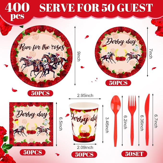 Funnymoom 400 Pcs Run for the Roses Horse Racing Party Supplies for 50 Guests Horse Racing Day Paper Plates and Napkins Knives Spoon Fork Cup Derby Day Dinner Sets for Horses Racings Party