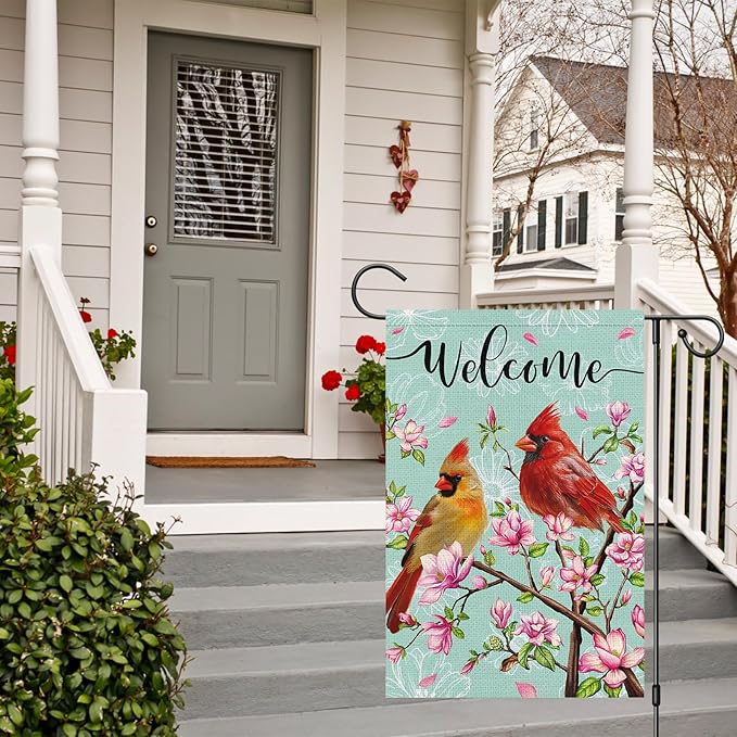 Cardinal Bird Welcome Spring Garden Flag, 12x18 Vertical Double Sided Burlap Tree Flower Spring Flag for Outside Farmhouse Yard Decorations