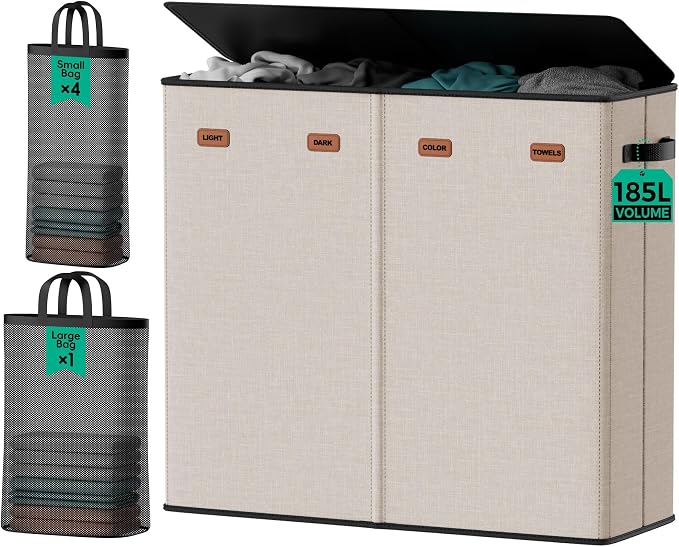 185L Laundry Hamper 4 Section with Lid & Removable Bags | Collapsible laundry basket organizer for laundry room, bedroom & dorm with 5 removable washing bags
