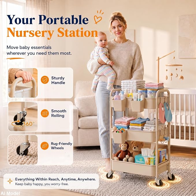 Beige 3 Tier Rolling Storage Cart Metal on Wheels, Cream Diaper Caddy Carts