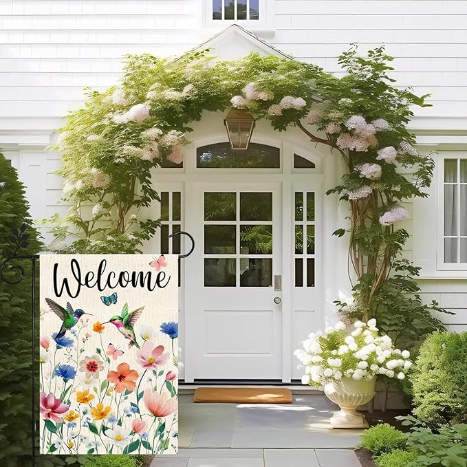 Spring Hummingbird Flowers welcome Garden Flag 12 x 18 Inch vertical Double Sided, outdoor Flag in spring and summer Suitable for Holiday yard decoration