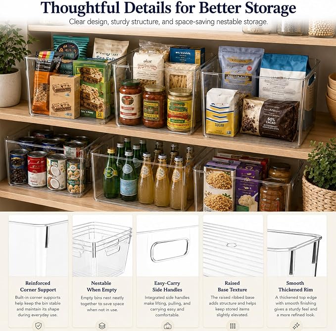 MOONEDGE 6 Pack X-Large Clear Organizer Bins 13x10x8in Storage Containers