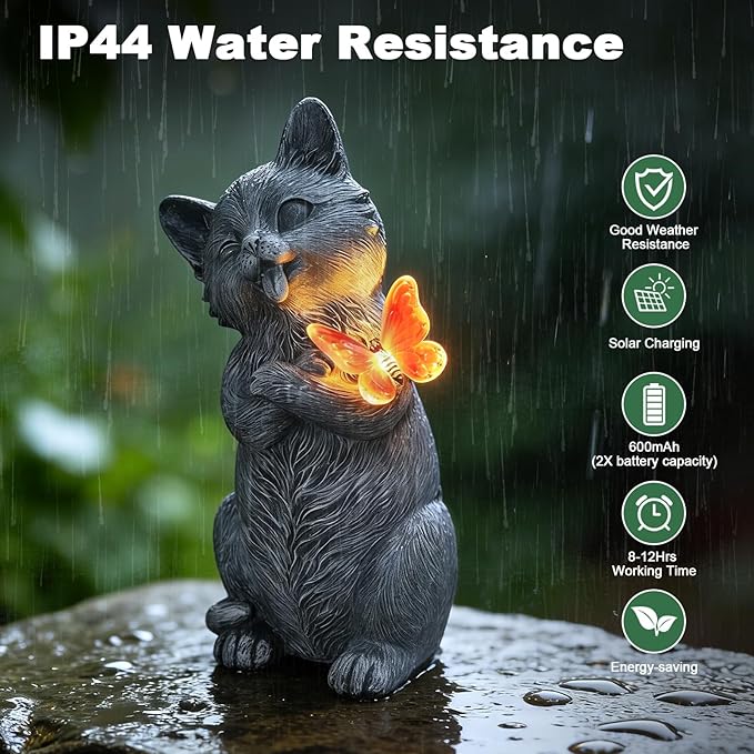 10 Inch Solar Cat Garden Statue with Butterfly LED Light - Unique Gifts for Mom Women Grandma, Sculpture Outdoor Decor for Patio, Porch, Yard, Lawn, Balcony