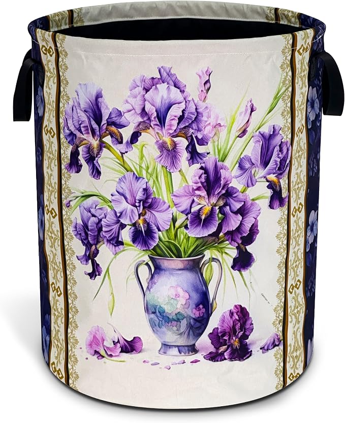 Purple Iris Flower Laundry Basket Oxford Cloth Floral Hamper 18.9 x 16.5 In