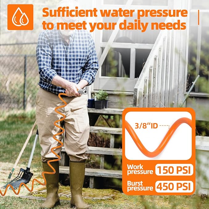 SPECILITE 3/8” Lightweight Coil Garden Hose 100 FT, EVA Retractable Curly Water Pipe with 6-Pattern Spray Nozzle for Boat, Greenhouse, Yard, Patio (Orange)