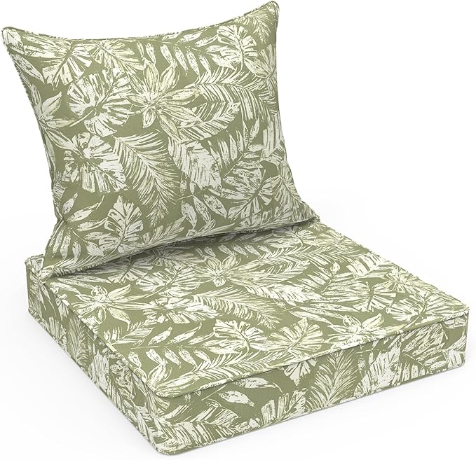 LVTXIII Outdoor/Indoor Deep Seat Cushion Patio Seat and Back Cushion Set All-Weather Replacement Chair Cushion for,Wicker Chairs and Garden Furniture Decoration, 24"x24"x4", Tropical Leaf Green