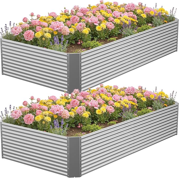 2 Pcs 8x4x1.4 ft Galvanized Steel Raised Garden Bed – Weatherproof Outdoor Metal Planter Box for Backyard Vegetable & Herb Gardening, Simple Install