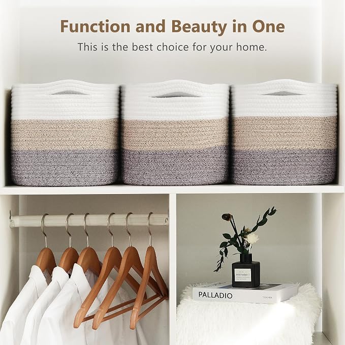 ECDYQXVU 15x10x9 Inch Woven Cotton Rope Storage Basket, 1 Pack | Foldable Design, Built-in Handles, Space-saving Organizer for Living Room, Bedroom, Laundry, Shelves, Clothes, Towels