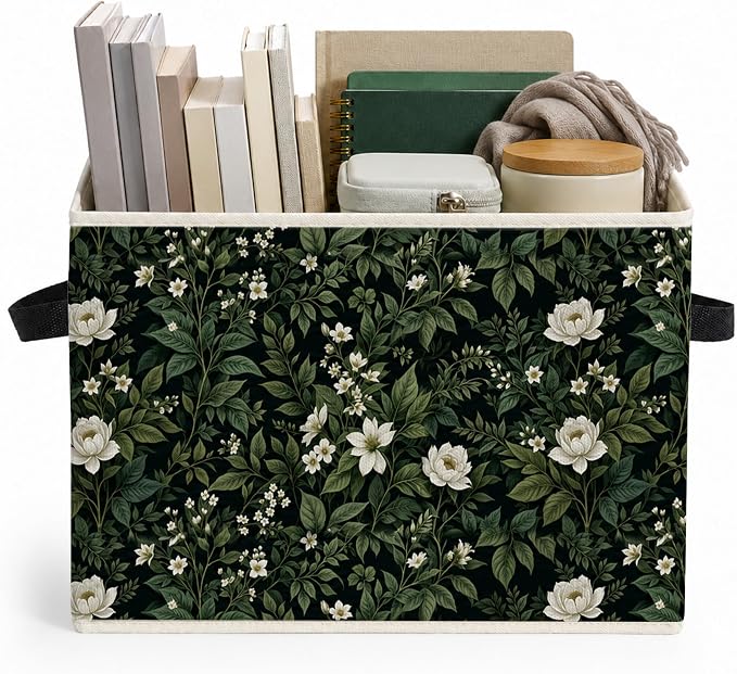Dark Green Botanical Storage Bins Box with Handles