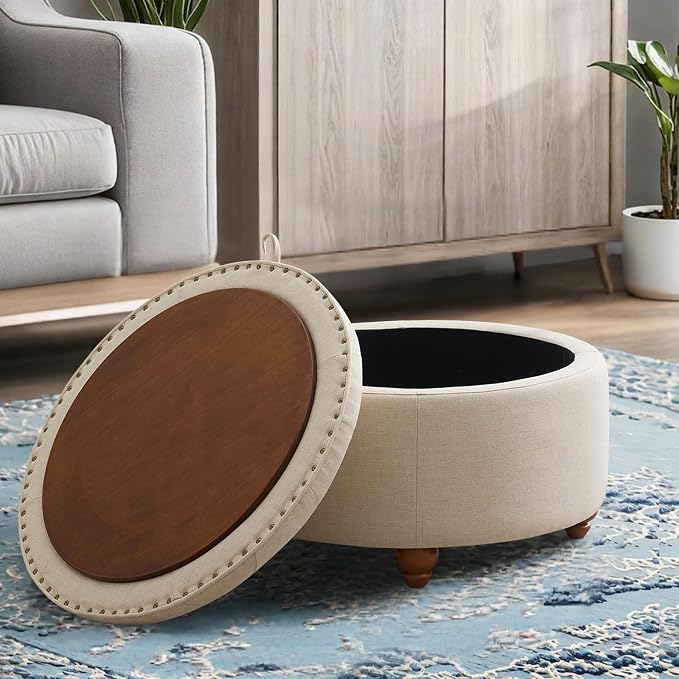 24'' Round Ottoman Coffee Table with Storage, Upholstered Tufted Ottoman with Flip Tray, Solid Wood Legs for Living Room, Bedroom, Khaki