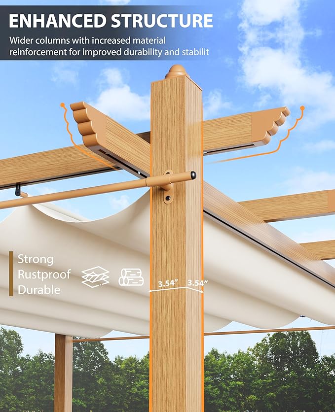 10x13 Ft Outdoor Aluminum Pergola, Upgraded Faux Wood Grain Retractable Pergola with Adjustable Roof & Side Mesh Screen, Modern Metal Patio Gazebo for Deck, Backyard, Porch, Vineyards, Beige + White