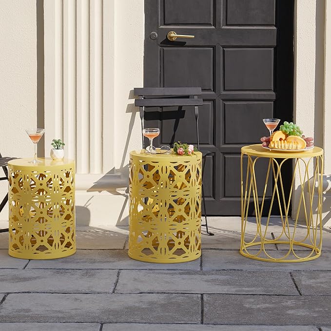 Y&M Set of 3 Stacking Coffee Table for Living Room, Patio Side Table,Indoor End Tables for Bedroom, Outdoor Decorative Garden Stool with Heavy Duty Metal Frame Modern Industrial Decor - Yellow