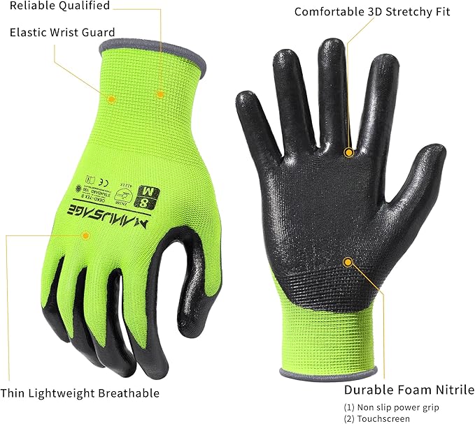 MANUSAGE Safety Work Gloves - Protective Glove for Men & Women - Ultrathin Hand Protection - For Construction, Gardening, Landscaping - Yellow - Size XL - 6 Pairs