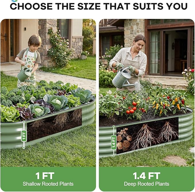 Galvanized Raised Garden Beds Outdoor, 6x3x1ft Oval Metal Raised Beds for Gardening, Rust-Resistant Garden Planter Box for Planting Vegetables, Flowers, Fruits in Lawn(Olive Green, 2 Packs)
