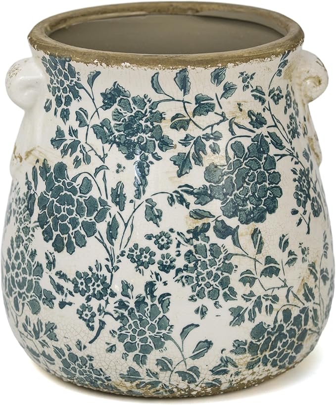 Dosayes Teal Ceramic Pot for Planter, Vintage Flower Pot with Drainage Holes, 6.3 inch Ice Crack Glazed Indoor Planters Pot with Handle (Cyan)