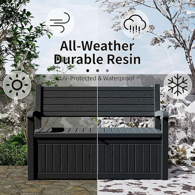 PatioZen 80 Gallon Outdoor Storage Bench Deck Box Waterproof Lockable,Outdoor Storage Furniture for Patio,Garden and Porch,Tools and Cushions（ Black Stripe）