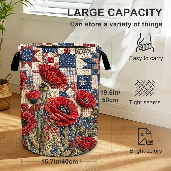 Red Flower Laundry Basket Collapsible Oxford Laundry Hamper Clothes Storage Bin with Handles for Bedroom Bathroom Laundry Room 19.6 x 15.7 Inches