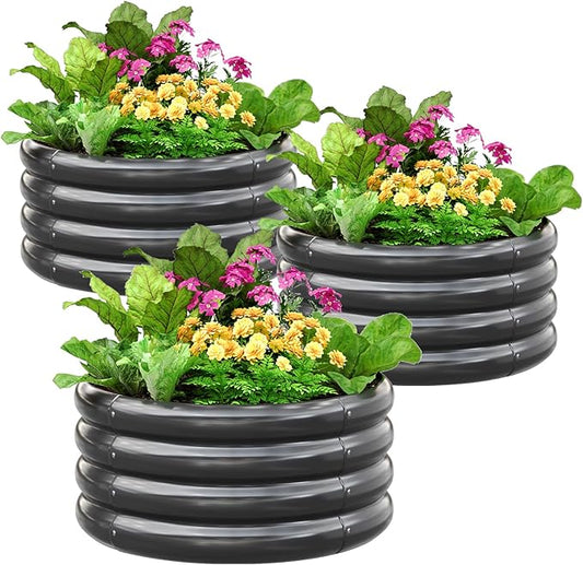 KING BIRD Raised Garden Bed Galvanized Round Planter Box Outdoor for Gardening, Plants, Vegetables, Flowers, Dark Grey, 24x24x12 in 3 Packs