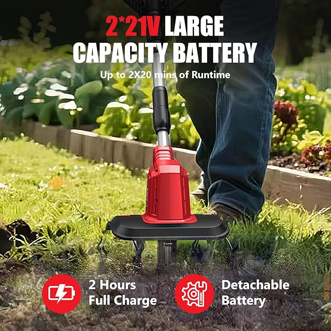 21V Electric Cordless Tiller Cultivator, 360RPM Garden Tiller with 2 x 4.0Ah Batteries Charger, 12In Tilling Width & 8In Depth Garden Rototiller for Lawn, Gardening, Soil Cultivation (RED-1)