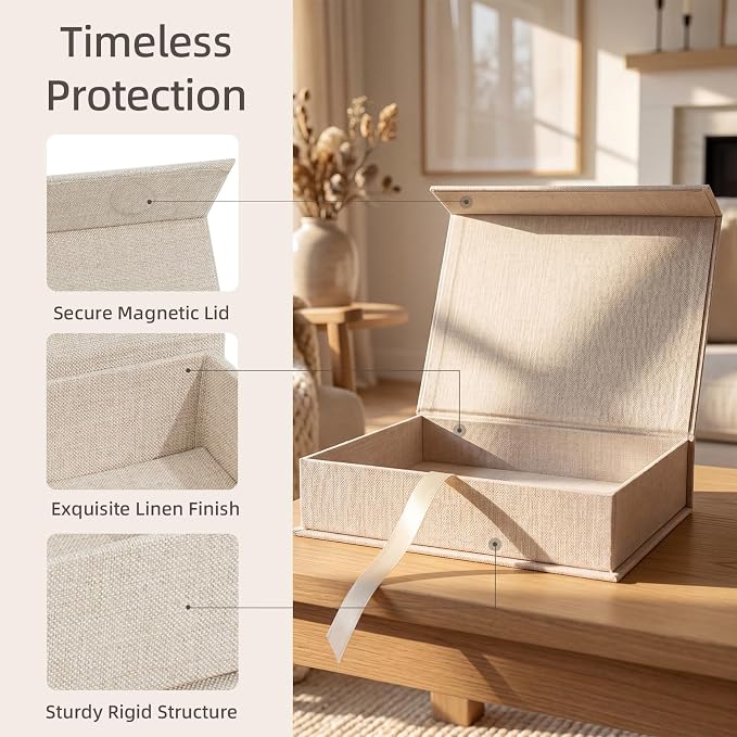 Photo Storage Box 5x7, Keepsake Box - Beige | Linen Material, Connected Lid, for Photos, Certificates, Scrapbooking Supplies, Keepsakes, Jewelry