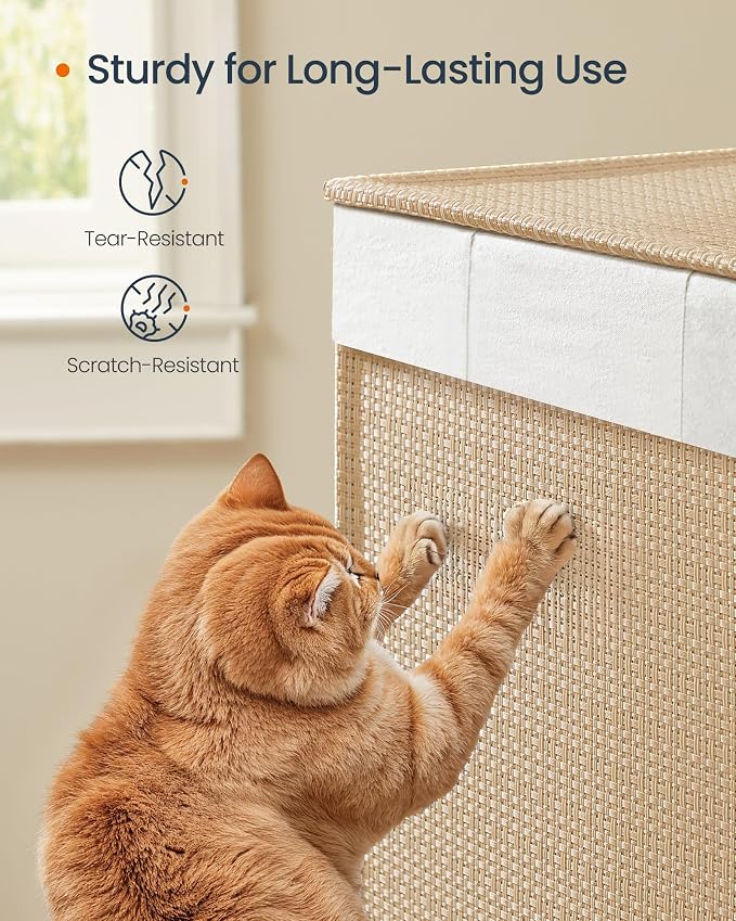 SONGMICS HOME Laundry Hamper with 3 Section, 140 L, Rattan, with Wheels | Rolling Clothes Basket with Lid, Removable Liner with Handles, Natural Beige and Matte White, PEZZO Collection ULCB602N01