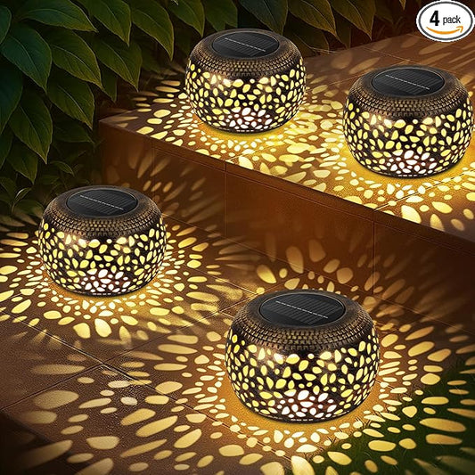 Solar Lantern Outdoor Patio Decor: 4 Pack Solar Lanterns Outdoor Waterproof, Hollow Out Retro Metal Solar Lights, Yard Porch Garden Balcony Indoor Desk Bedroom Tabletop Decorations, 2 Lighting Colors