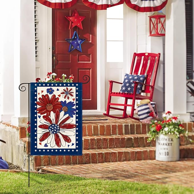 AVOIN colorlife 4th of July Patriotic Garden Flag 12x18 Inch Double Sided Outside, Memorial Day American Stars Floral Daisy Yard Outdoor Decoration
