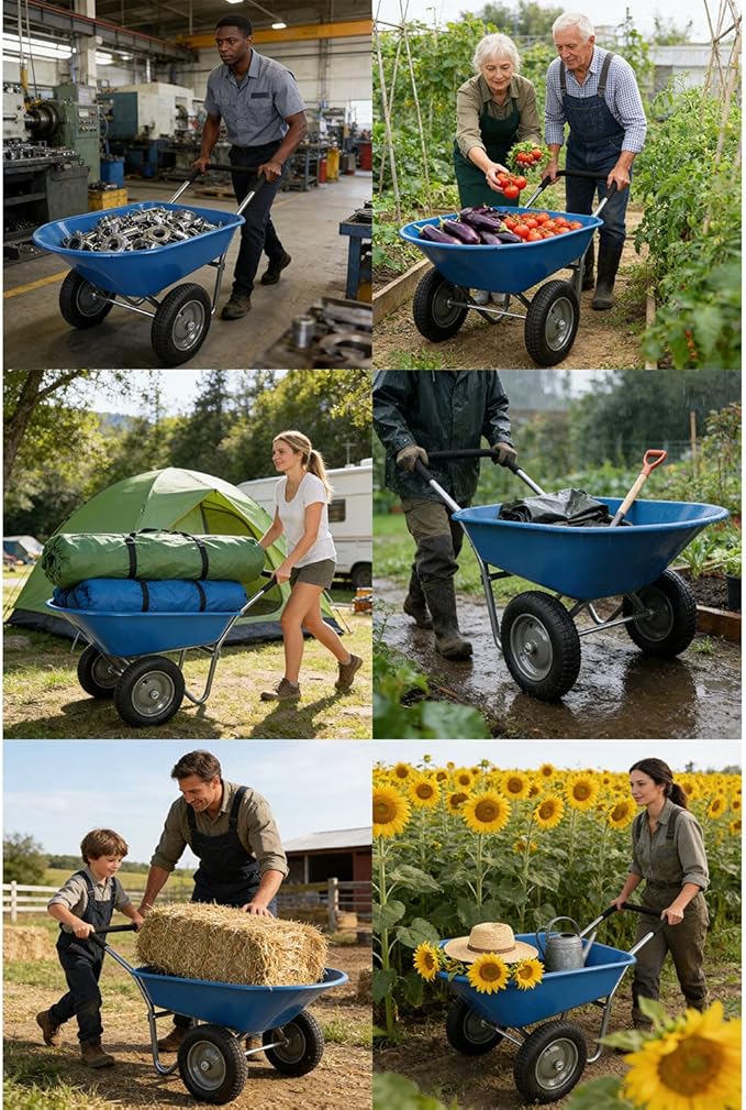 Dual-Wheel Garden Wheelbarrow, 5 Cubic Feet Poly Tray Wheel Barrow with Two 15-Inch Pneumatic Tires, 300 lb Capacity Lightweight Yard Cart for Lawn, Garden, Landscaping & Home Use,Blue