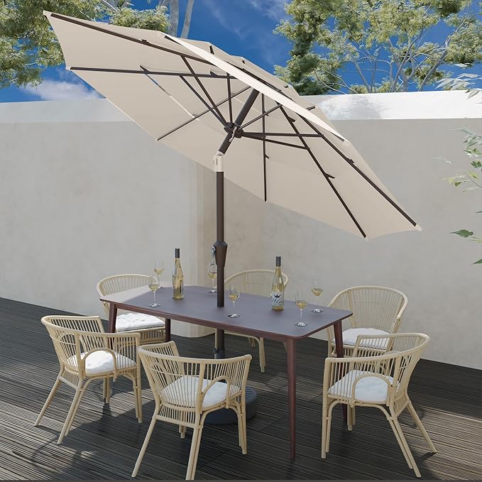 9FT 3 Tiers Patio Umbrella With Auto Tilt And Crank, Outdoor Table Market Umbrella with 8 Sturdy Ribs for Garden, Lawn, Deck, Backyard and Pool