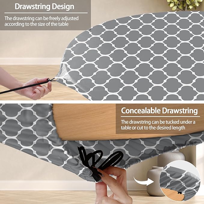 Fitted Round Tablecloth Waterproof Table Cloth Vinyl Indoor Outdoor Circle Cover for 45-54" Tables Dining Kitchen Apartment Home Party Gear Gifts Summer Fall Patio Picnic Camping Essentials