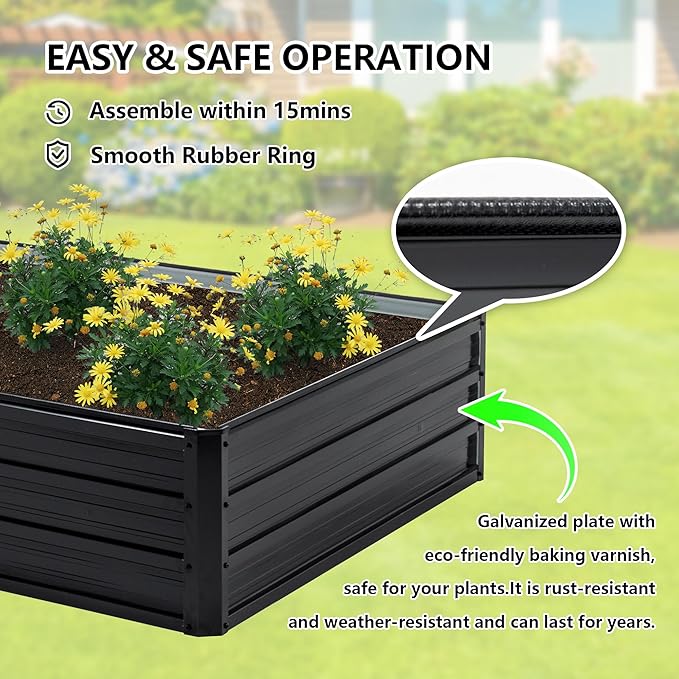 Thanaddo Galvanized Raised Garden Bed 4x3x1ft Outdoor Planter Box Galvanized Steel Garden Bed Kit for Vegetables, Flowers, Herbs and Succulents Black