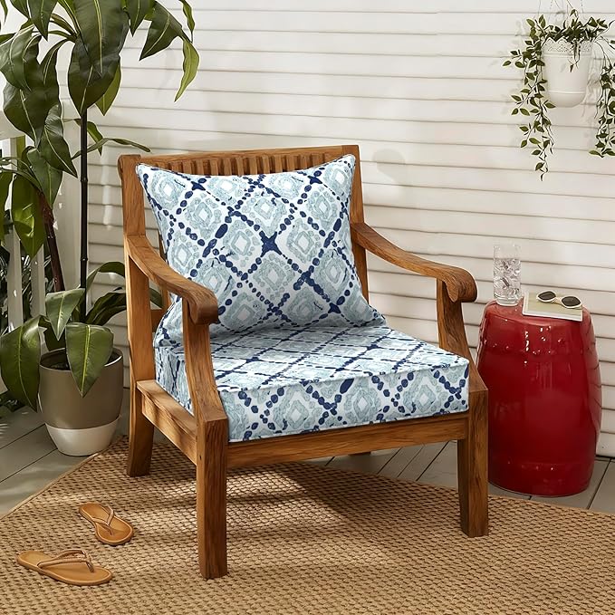 LVTXIII Outdoor Deep Seat Cushion Patio Seat and Back Cushion Set Seasonal Chair Cushion with Removable Cover and Adjustable Buckle for Home and Garden, 22"x22"x4", Boho Geometry Blue