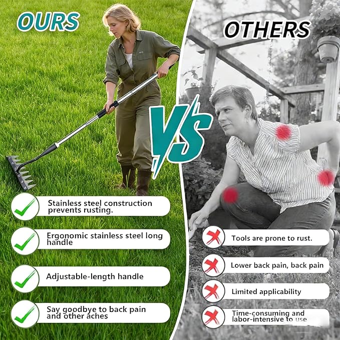 Upgraded Iron Weeding Tool with Adjustable Length Long Handle (28"-60") 3.0,Garden Weed Puller Tool ,8 Tines Manual Weeder Rake,Heavy Duty Weed Puller for Removing Weeds,Lawn, Flower Beds and Aeration