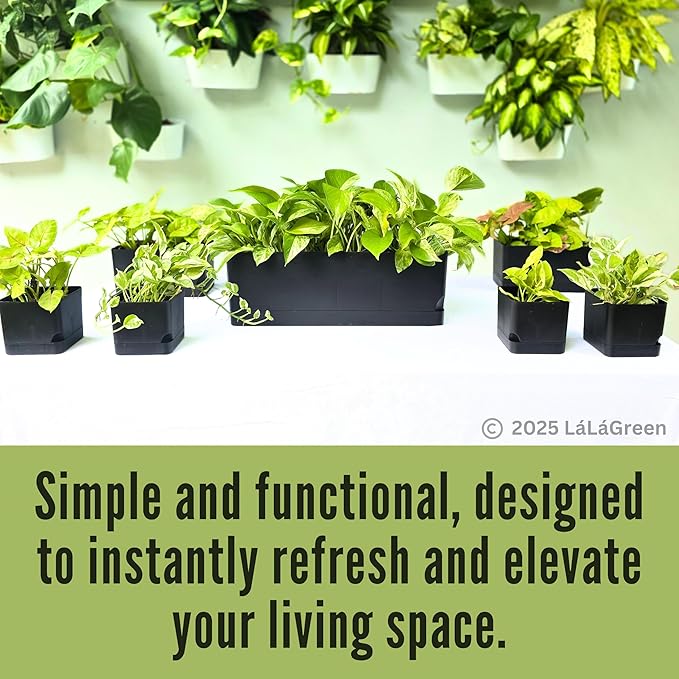 LaLaGreen Planters for Indoor Plants (7 Pack) Self-Watering System Black Window Box Planter, Rectangular Plastic Flower Boxes Herb Garden Long Windowsill Plant Pot with Drainage Modern Stylish Outdoor