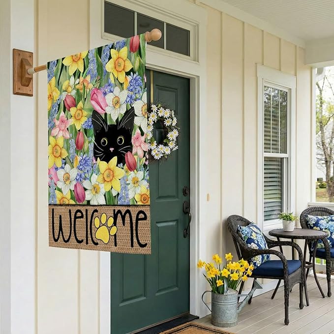 CROWNED BEAUTY Spring Summer House Flag Black Cat Double Sided 28x40 Inches Large Burlap Welcome Holiday Seasonal Yard Decoration for Outside Porch