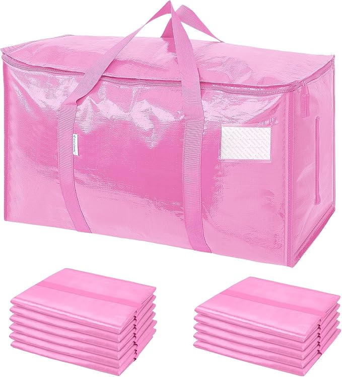 TICONN 12 Pack Extra Large Moving Bags Heavy Duty with Zippers & Carrying Handles, Durable Storage Bags Moving Boxes for Closet Organizers and Storage (12 Pack, Pink)