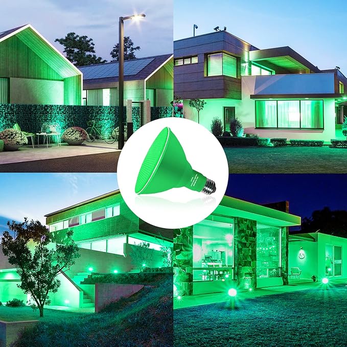 PAR38 Flood Green Light Bulbs,4 Pack Dimmable,E26 Base Green Flood Light Outoor(20W Replace to 200W),Halloween Light Bulb for Outside,Christmas,Holiday Lighting