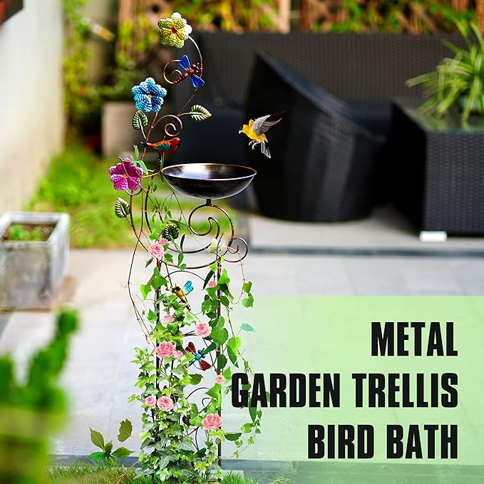 YYWMWM 57" Height Metal Bird Bath with Trellis for Outdoor, Vintage Decorative Bird Baths, Small Garden Plant Support, Antique BirdBath for Climbing Plants with Detachable Iron Bowl (Dragonfly)